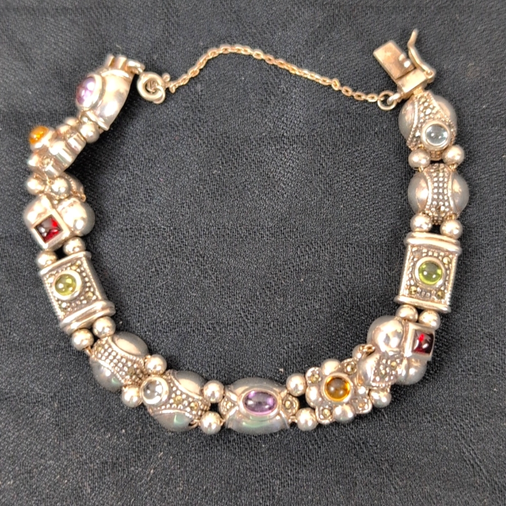VINTAGE Siam / Thailand 925 Sterling Silver Gemstone Bracelet